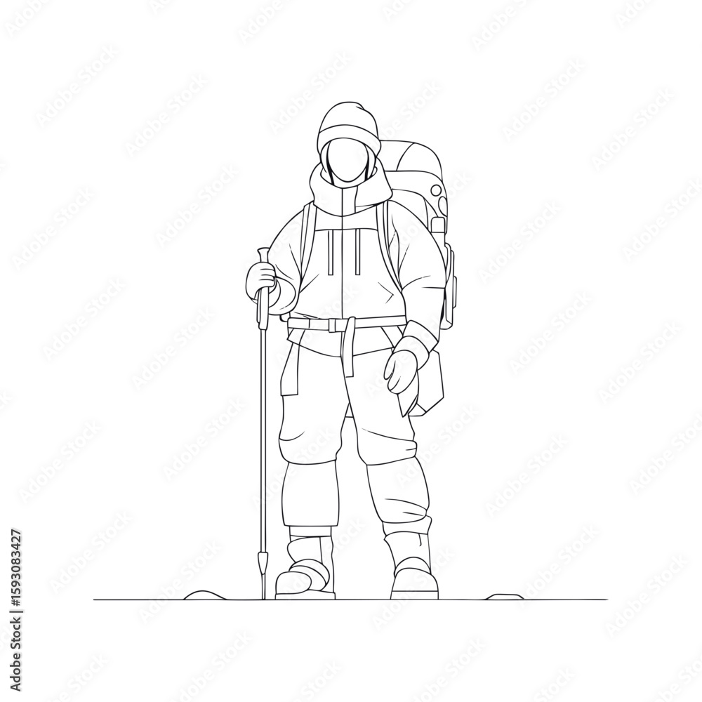 Obraz premium Mountain glacier explorer in full hiking gear front view, dressed for cold expedition with walking stick and backpack, minimalist outline vector for travel, winter sport or survival content on transpa