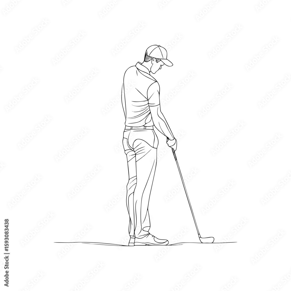 Side view minimalist sketch of male golfer in cap preparing to swing, one-line vector outline for sports branding, golf course promotions or lifestyle design on transparent background. Side view minimalist sketch of male golfer in cap preparing to swing, one-line vector outline for sports branding, golf course promotions or lifestyle design on transparent background.