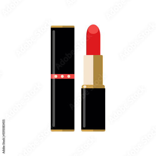 Elegant lipstick with red top and black and gold packaging, simplified flat shape for beauty products, cosmetic branding, or fashion ads on white background.
