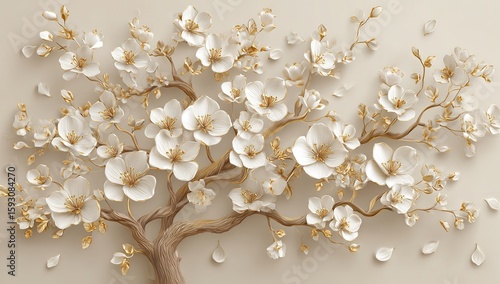 Fototapeta Naklejka Na Ścianę i Meble -  Elegant 3D Wallpaper Design with White Flowers and Golden Tree on Beige Background for Home Interior Wall Decoration