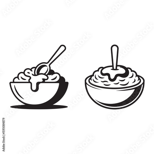 Oatmeal bowls with spoons and syrup porridge breakfast