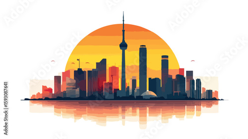 Urban sunset cityscape with modern buildings