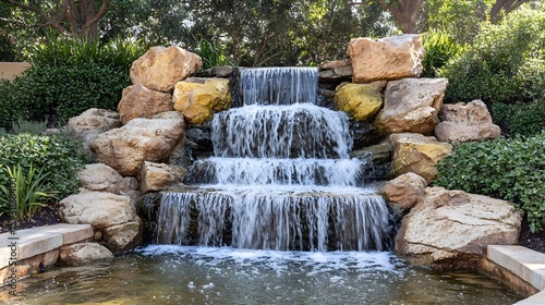 Serene Multi-Tiered Waterfall in Lush Garden