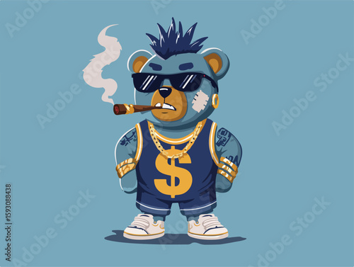 Cool cartoon teddy bear with mohawk, gold chains, cigar, sunglasses, in bold urban street style.