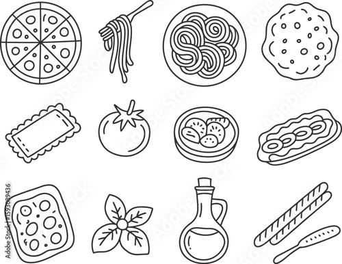 Hand drawn outline icons of popular italian food and ingredients