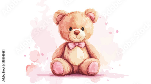 Adorable Teddy Bear on Pink Watercolor Background