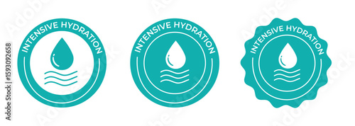 Intensive Hydration Badges – Water Drop and Wave Icons for Skincare and Cosmetic Product Labels in Aqua Style

