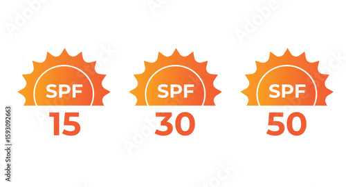 SPF 15, 30, 50 Sun Protection Icons – UV Shield Badge Vector Set for Sunscreen, Skincare, and Cosmetic Product Labels

