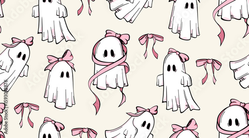 Seamless pattern with cute hand drawn ghost characters wearing pink bows. Adorable girly spooky designs, vector illustrations for Halloween background, wallpaper. Vintage coquette aesthetic.