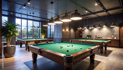Modern billiards room with multiple tables