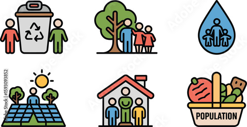 Sustainable Population Day icon vector with recycling tree water solar house food family