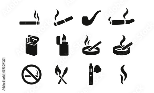 Silhouette smoking icons set: cigarettes, pipe, lighter, vape, no smoking sign