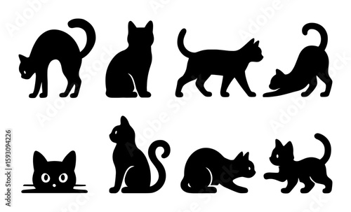 Silhouette cats set: playful poses of feline silhouettes for creative designs