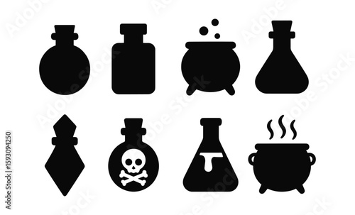 Silhouette potion bottles and cauldrons icons for magical designs