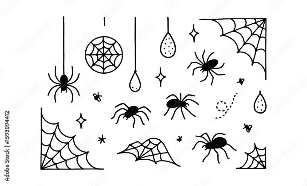 Fototapeta premium Hand drawn halloween spiders and cobwebs set with doodles