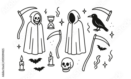 Grim reaper and gothic icons in minimalist black and white style