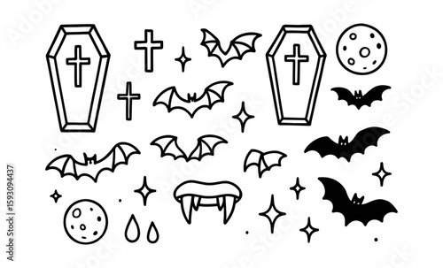 Halloween doodle elements with bats, coffins, and vampire fangs