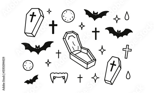 Halloween black and white coffins and bats pattern with crosses and stars