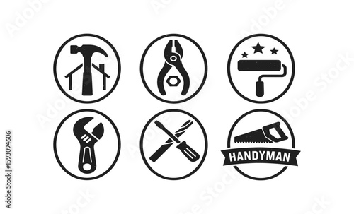 Vintage tool icons collection featuring hammer, pliers, roller, wrench, screwdrivers, and saw