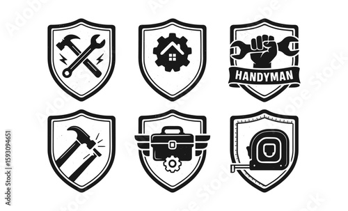 Handyman emblem set with tools and repair icons in vintage badges