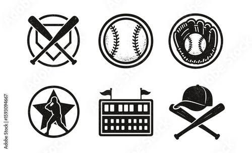 Vintage baseball icons set: bats, ball, glove, player, stadium, cap