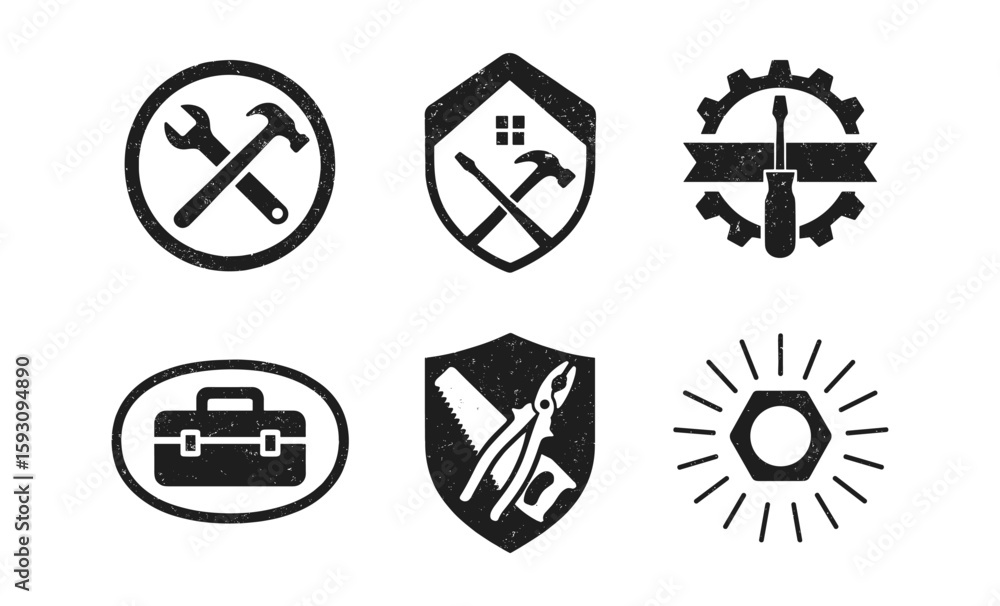 Fototapeta premium Retro construction tool icons: grunge style design elements for home repair