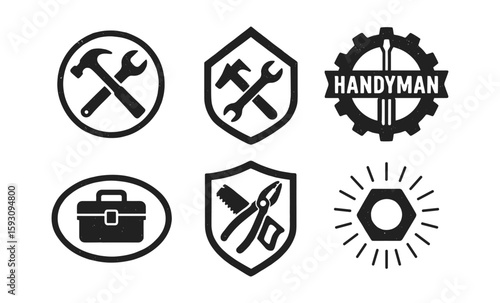 Handyman tools emblems set with vintage style gear, shield, and badge elements