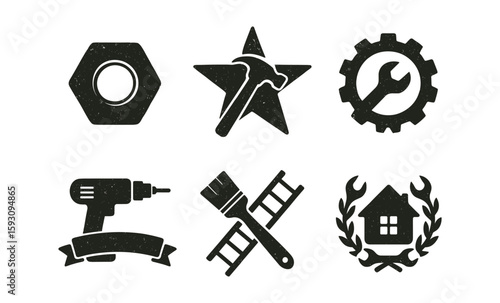 Vintage black icons of tools and construction with star and house elements