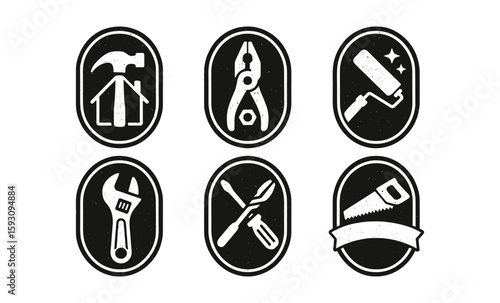 Vintage tool icons with distressed texture in oval frames for diy and construction themes