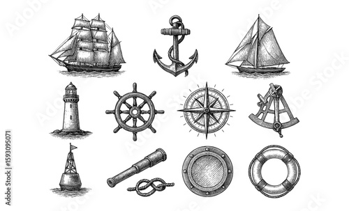 Nautical elements set: vintage maritime icons for seamless nautical design