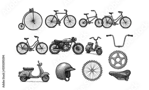 Vintage bicycle and motorcycle sketches with accessories