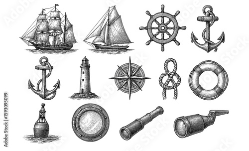 Nautical elements collection featuring ships, anchors, lighthouse, and navigational tools in vintage engraving style