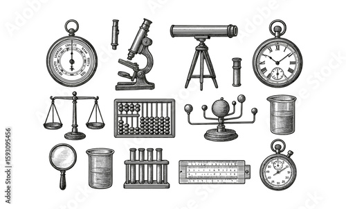 Vintage scientific instruments collection featuring engraved microscope, telescope, and more