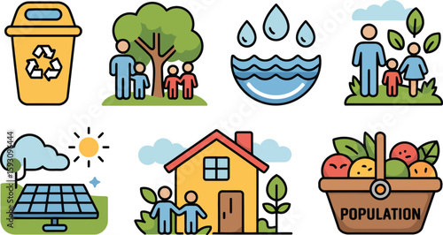 Population Day icon set with recycling family tree water solar house food basket sustainability