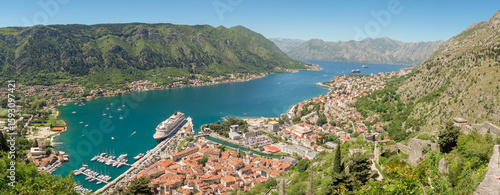 Fotografía aerial panoramic over Kotor bay on the coast of Montenegro, in Adriatic Sea