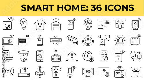 Smart home icons set featuring 36 various devices and concepts  