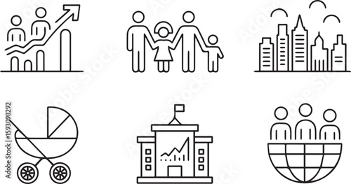 Population Day outline icon set with chart family stroller city school globe people