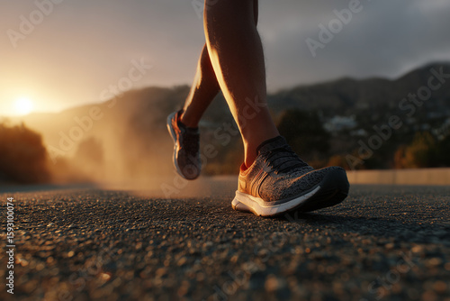 Close-up of a person running outdoors on a sunlit road during sunset with mountains in the background