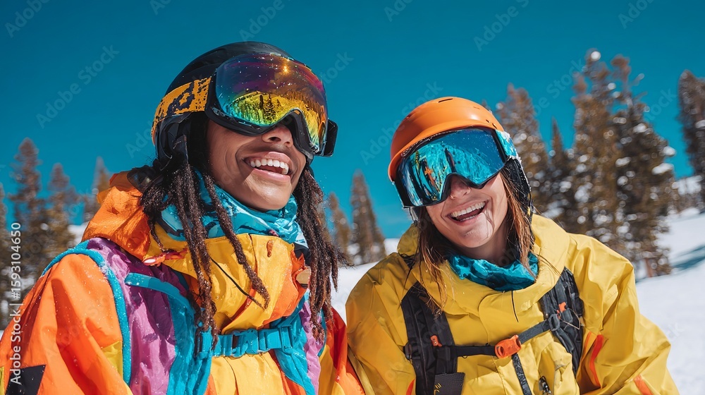 Two smiling women skiers enjoy the winter slopes with vibrant gear under a bright blue sky. Two smiling women skiers enjoy the winter slopes with vibrant gear under a bright blue sky.