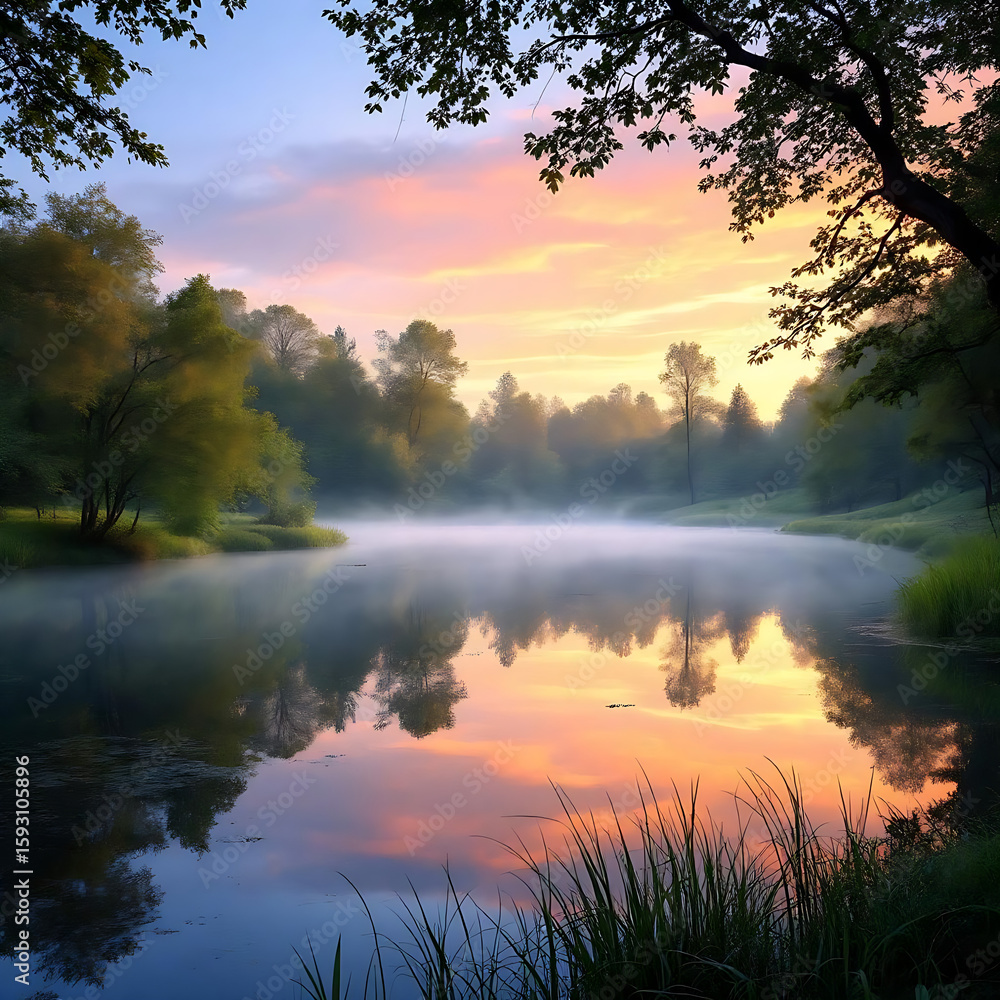 Fototapeta premium Natural Pond Among Greenery. Morning Pond with Reflections. Calm Forest Pond