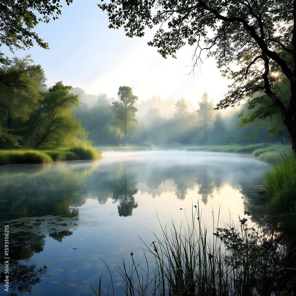custom made wallpaper toronto digitalNatural Pond Among Greenery. Morning Pond with Reflections. Calm Forest Pond