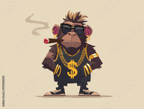 Canvas Print Confident cartoon monkey in mohawk, sunglasses, gold chains, and jersey with urban street culture vibe
