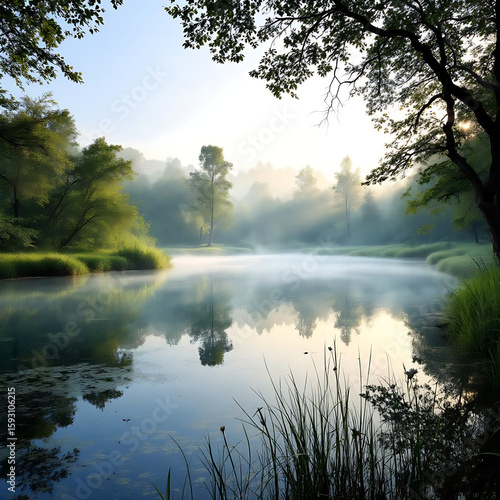 Wallpaper Mural Natural Pond Among Greenery. Morning Pond with Reflections. Calm Forest Pond Torontodigital.ca