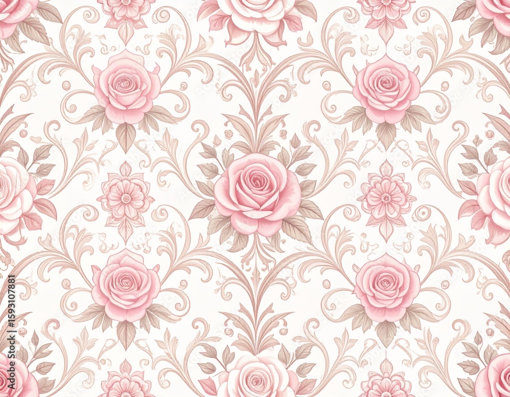Fototapeta premium ロココ調ピンクフローラルパターンのビンテージ壁紙 Vintage Rococo Pink Floral Wallpaper Pattern