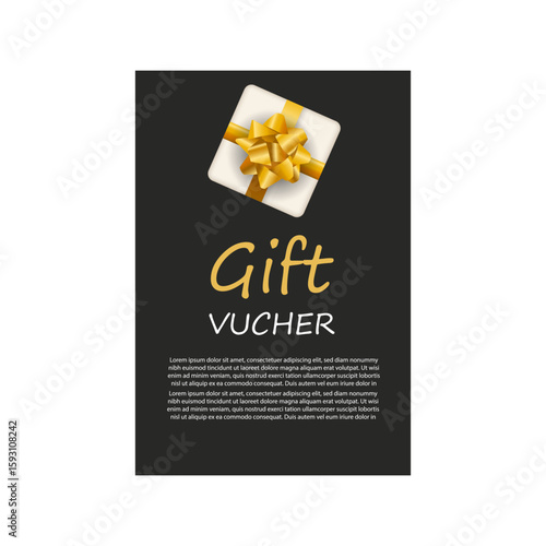 Gift voucher template with Gold realistic ribbon. Vector illustration. Design for invitation, certificate, gift coupon, ticket or voucher