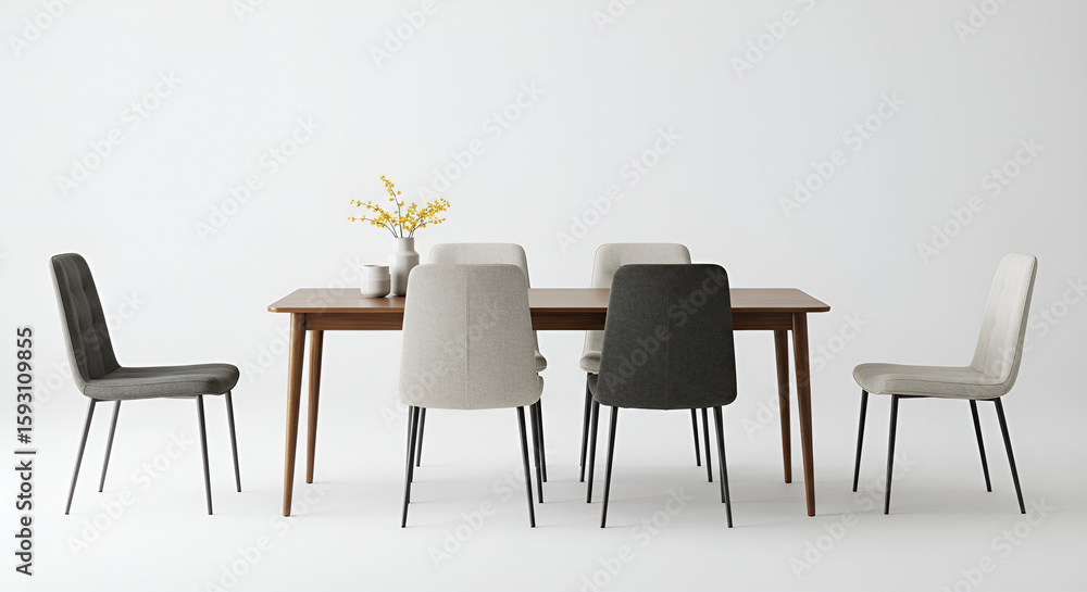 Obraz premium A complete dining table set with chair appears elegant against a white background, ideal for interior and furniture themes.