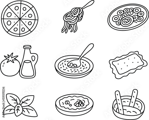 Hand drawn italian food icons featuring pizza pasta and fresh ingredients