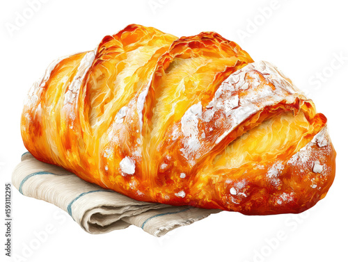Freshly baked bread on cloth cozy kitchen food photography. Isolated on transparent background, png.