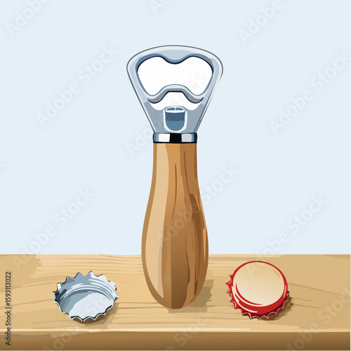 Bottle opener on counter – Metal opener with wood grip near a bottle cap.
