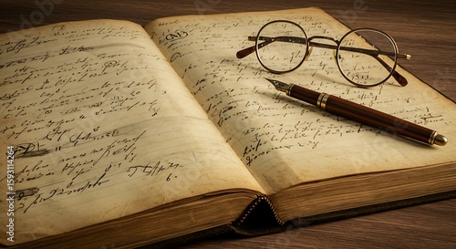 Detailed close-up of old ledger book with ink pen and spectacles